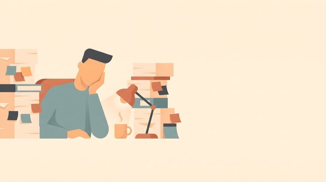 Tired employee resting his head at a cluttered desk piled high with paperwork symbolizes chronic office stress and excessive workload.