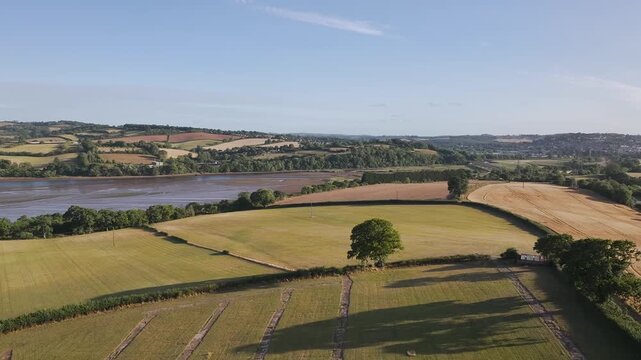 Farms and Fields over River Teign and Teignmouth Road from drone, Newton Abbot, Devon, England, United Kingdom