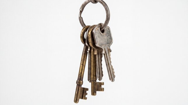 Bunch of vintage metal keys hanging on silver steel keyring isolated on white background