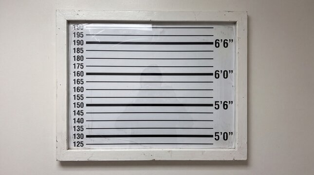 Police height chart measuring scale on white background wall for suspect mugshot identification process