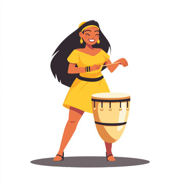 Woman playing a conga drum with enthusiasm.