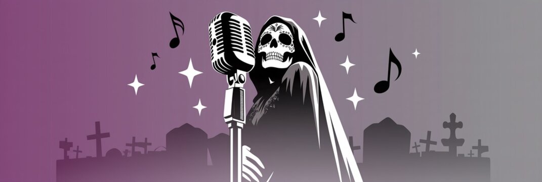 Day of the Dead Singing Skeleton Banner, Hooded Calavera with Vintage Retro Microphone, Musical Notes and Cemetery Silhouette on Purple Gradient Night Sky