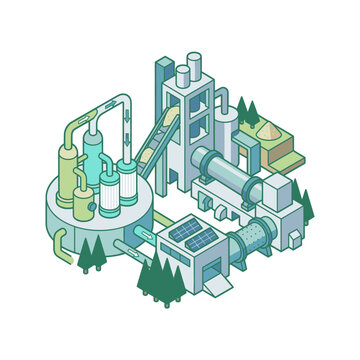 Professional Isometric of Industrial Facility with Renewable Energy Integration and Chemical Processing Units