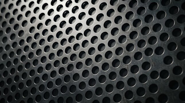 Close-up of black perforated metal texture with circular holes.