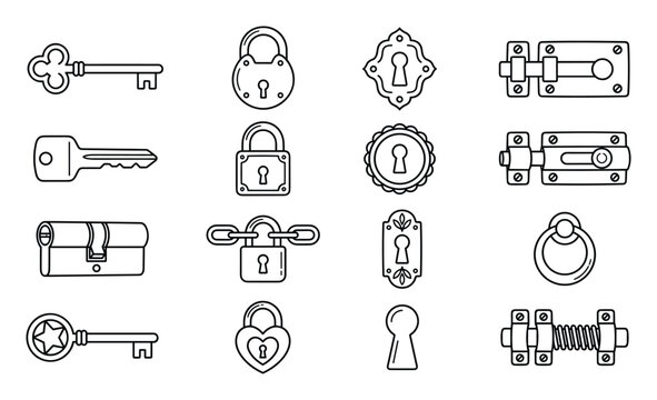 Set of outline door locks keys and bolts for security hardware icon.