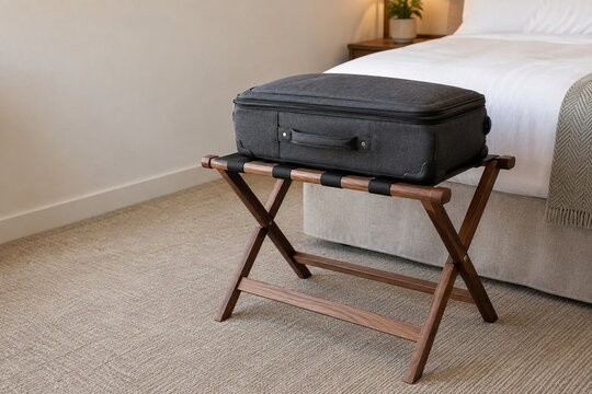 Closed Fabric Suitcase on a Wooden Folding Luggage Rack beside a Bed