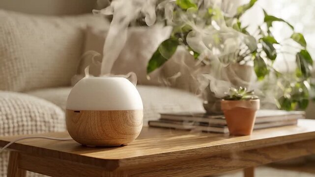 Modern ultrasonic essential oil aroma diffuser dispersing vapor mist on wooden table in cozy living room interior for wellness and relaxation