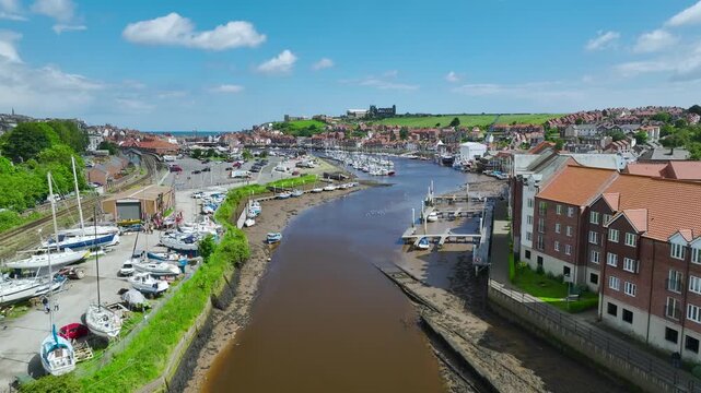 Whitby over River Esk from a drone, North Yorkshire, England, United Kingdom