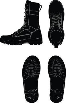 Tactical combat boots and shoe tread vector icon set for military equipment and outdoor footwear