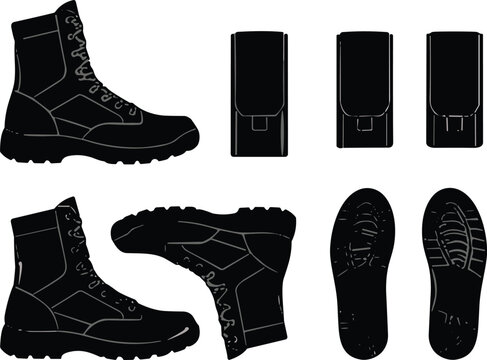Tactical combat boots and shoe tread vector icon set for military equipment and outdoor footwear