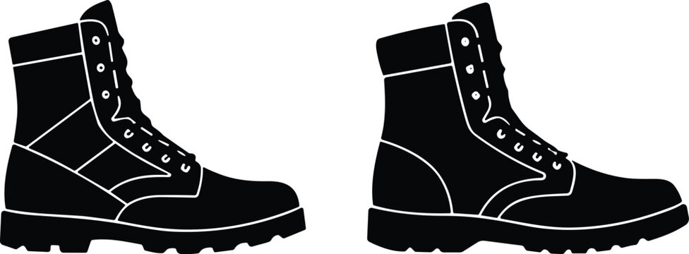 Tactical combat boots vector icon set for military equipment, hiking, and outdoor footwear