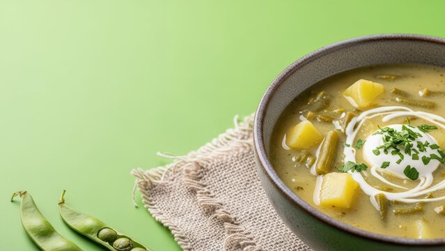 Creamy Bouneschlupp green bean and potato soup with a sour cream swirl and micro-parsley, featuring a dried green bean and wool corner motif against a fresh green background with vast copy space.