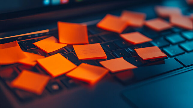 Orange sticky notes cover laptop keys.
