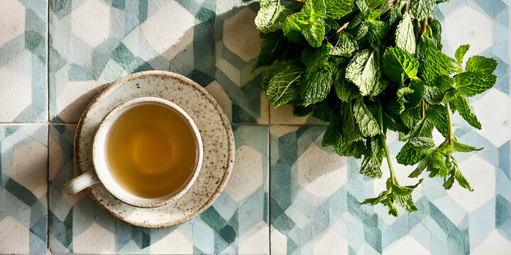 Wide Top Down Flat Lay of Ceramic Cup and Saucer of Golden Herbal Tea Beside Lush Fresh Green Mint Bundle on Moroccan Geometric Mosaic Tiles
