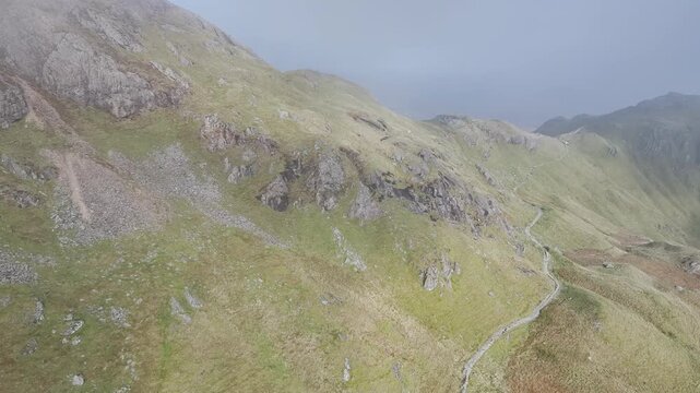 Pyg Track and Llyn Llydaw lake in clouds from a drone, Pen-y-Pass, mountain pass, Snowdonia, Gwynedd, north-west Wales, UK