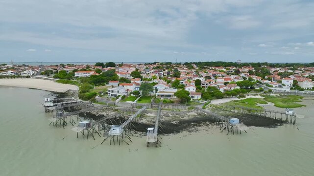 Fishing huts over Randonnee entre Histoire et Nature from a drone, Fouras, Fouras-les-Bains, Charente-Maritime, Nouvelle-Aquitaine, France