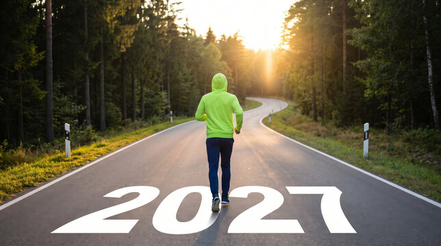 Exercise motivation boosts fitness through resolution during morning road run with glowing forest. Active sport health wellness training. strength weight progress result, inspiration goal success