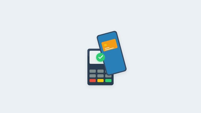 A 10-second seamless 2D flat vector animation of a smartphone tapping a POS terminal using NFC. Features precise sequential signal waves, a clean POS screen, and a highly visible success checkmark.
