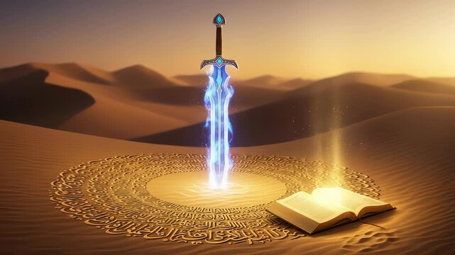 Mystical Sword Emerges from Book in Desert Landscape, A Tale of Magic and Wonder
