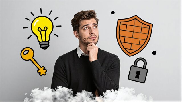 A man thinks about security, encryption, and innovation with lightbulb, key, shield symbols.