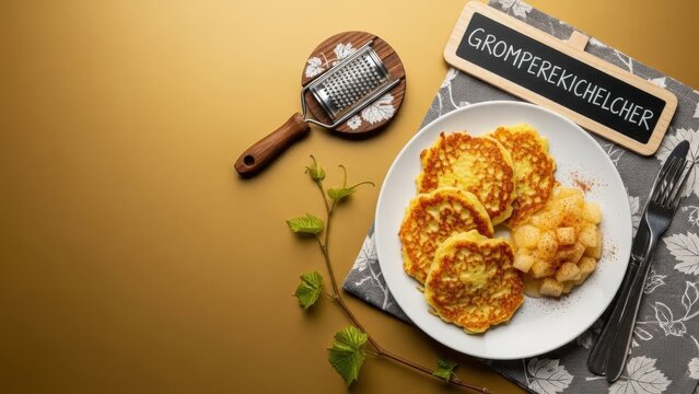 Golden Gromperekichelcher potato pancakes with apple compote and micro-cinnamon, featuring a miniature chalkboard, wooden grater, and vine twig on a botanical vine leaf print against a deep gold 