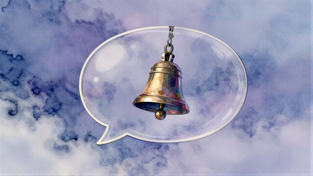 Golden bell floats inside speech bubble against dreamy, cloudy sky backdrop.
