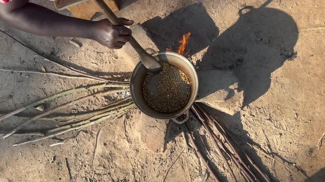 Ugandan woman processing coffee beans, roasting the beans in a pot over an open fire, making coffee, Bigodi, Western Region, Uganda