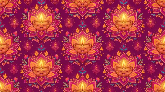 Pink and orange seamless diwali pattern with glowing diya lamps and lotus mandalas