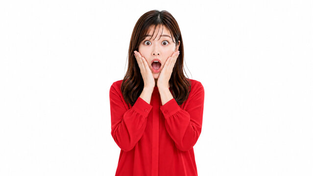 Shocked Japanese Woman with Hands on Cheeks and Copy Space