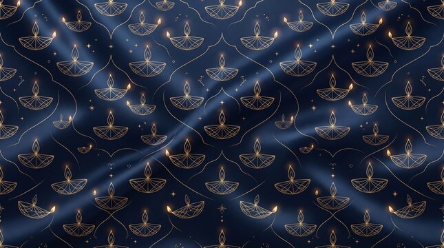 Elegant glowing lamp diwali pattern on blue fabric texture with deepavali festival seamless