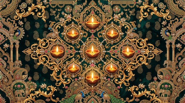 Ornate golden diwali lamp pattern on deep emerald background with deepavali festival ornamental