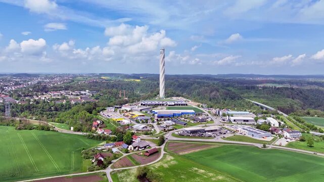 Aerial view of the 246 meter high TK elevator test tower from ThyssenKrupp AG, elevator test tower for express and high-speed elevators. Highest viewing platform in Germany, Rottweil, Baden-W&uuml;rttemb