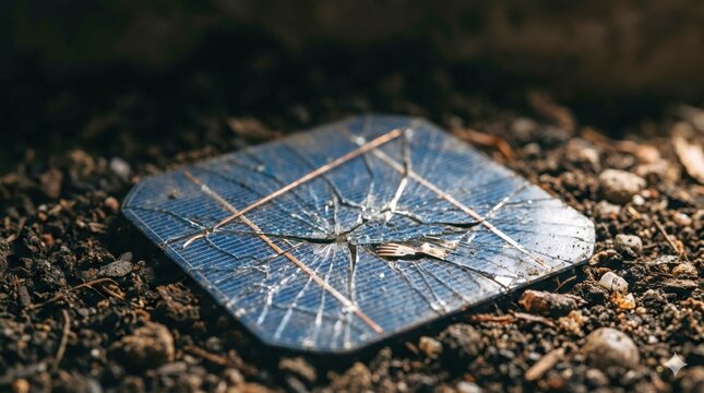 Damaged Renewable Energy Infrastructure and E-Waste: Broken Cracked Solar Cell Panel Lying Abandoned on Dirt Ground