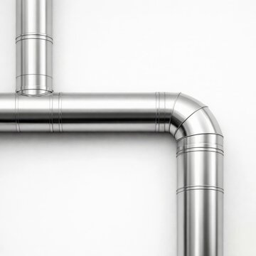 HVAC Industrial Ventilation and Piping System: Metallic Stainless Steel Duct Pipes over Clean White Background with Copy Space