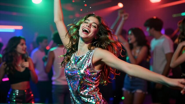A joyful woman dances in a glittering sequined dress at a vibrant nightclub party.
