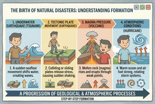 Natural Disaster Formation Educational Diagram: Step by Step Guide Explaining Tsunami, Earthquake, Volcano, and Hurricane Processes