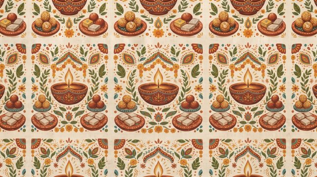 Elegant diwali pattern with traditional diya lamps and sweet treats on ornate background