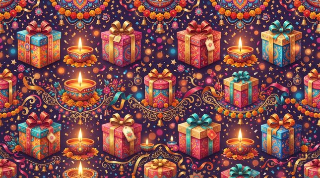 Diwali festival wallpaper with colorful gift boxes and bright diya lamps deepavali festival