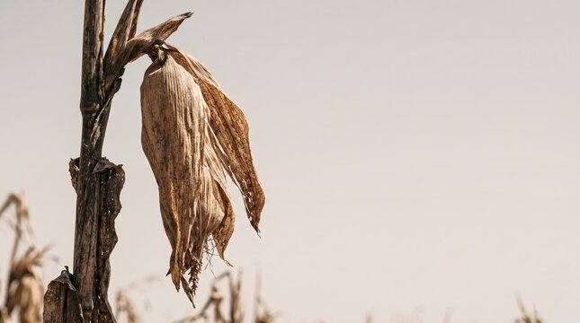 Agricultural Drought and Crop Failure: Dry Withered Corn Cob on Dead Stalk in Arid Field with Copy Space