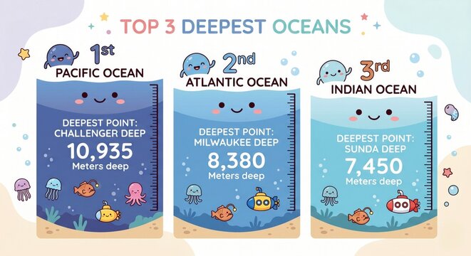 Educational Geography Infographic: Top 3 Deepest Oceans Charting Pacific Atlantic and Indian Oceans