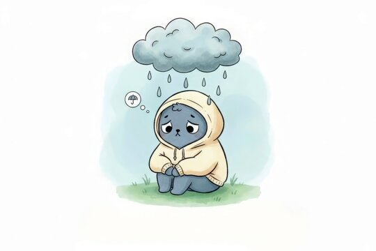 Depression and Mental Health Awareness: Sad Blue Animal Character Sitting in Yellow Hoodie Under Raincloud