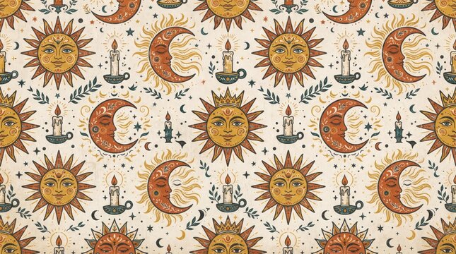 Seamless vintage pattern featuring sun and moon symbols with candles for mystical diwali concept