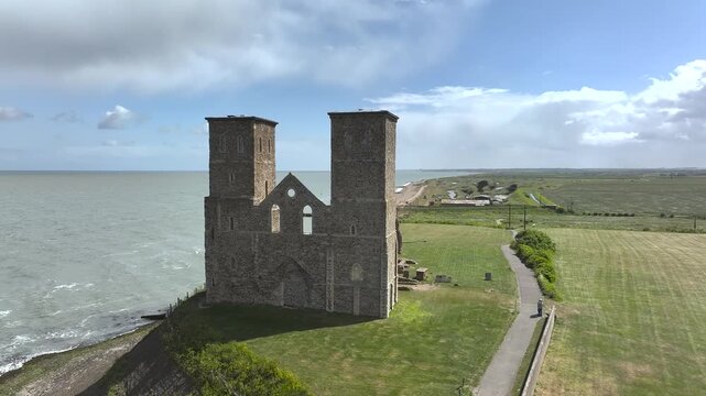 Reculver Towers and Roman Fort from a drone, Herne Bay, Kent, England, United Kingdom