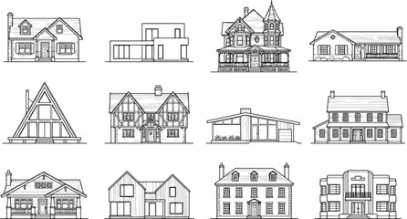 Obraz premium Set of Twelve Various Residential House Architectural Line Art Illustrations
