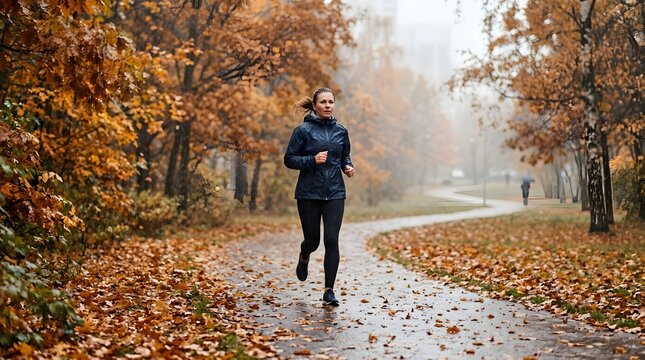 Woman running on autumn park path with fallen leaves and foggy trees