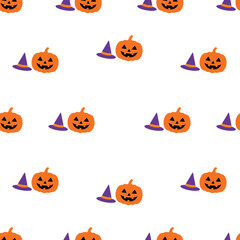 Fototapeta premium Halloween seamless pattern with jack olantern pumpkins and witch hats.