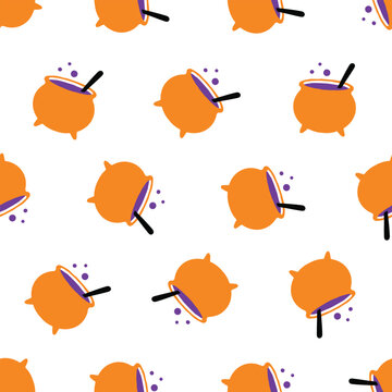 Halloween seamless pattern with magic potion cauldrons.