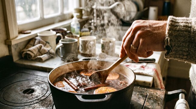 Man stiring hot mulled wine with cinnamon sticks and orange slices