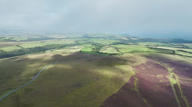 Moorland and Farms from a drone, Exmoor National Park, Devon, England, United Kingdom