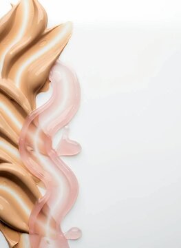 Cosmetics Texture and Skincare Swatch: Liquid Foundation and Pink Gel Smear on White Background with Copy Space